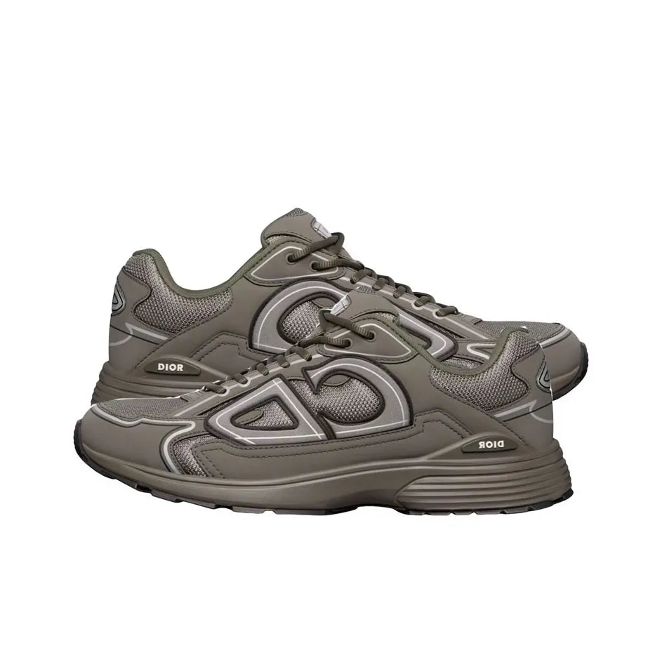 Chunky Mesh-Leather Sneakers-Olive